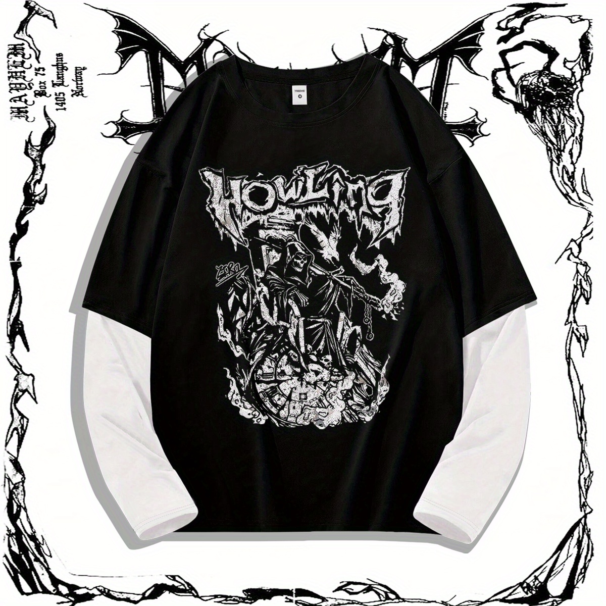 

Men's Grim Reaper Howling Print T-shirt, Casual Long Sleeve Slight Stretch Crew Neck Tees For Spring And Autumn