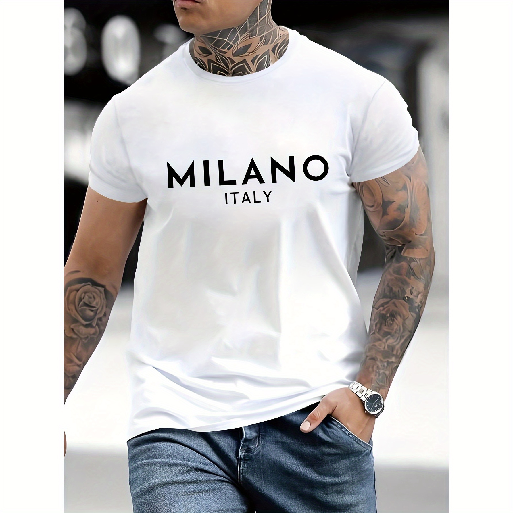 

Letter Print, Men's Round Neck Short Sleeve T Shirt, Casual Comfy Lightweight Top For Summer