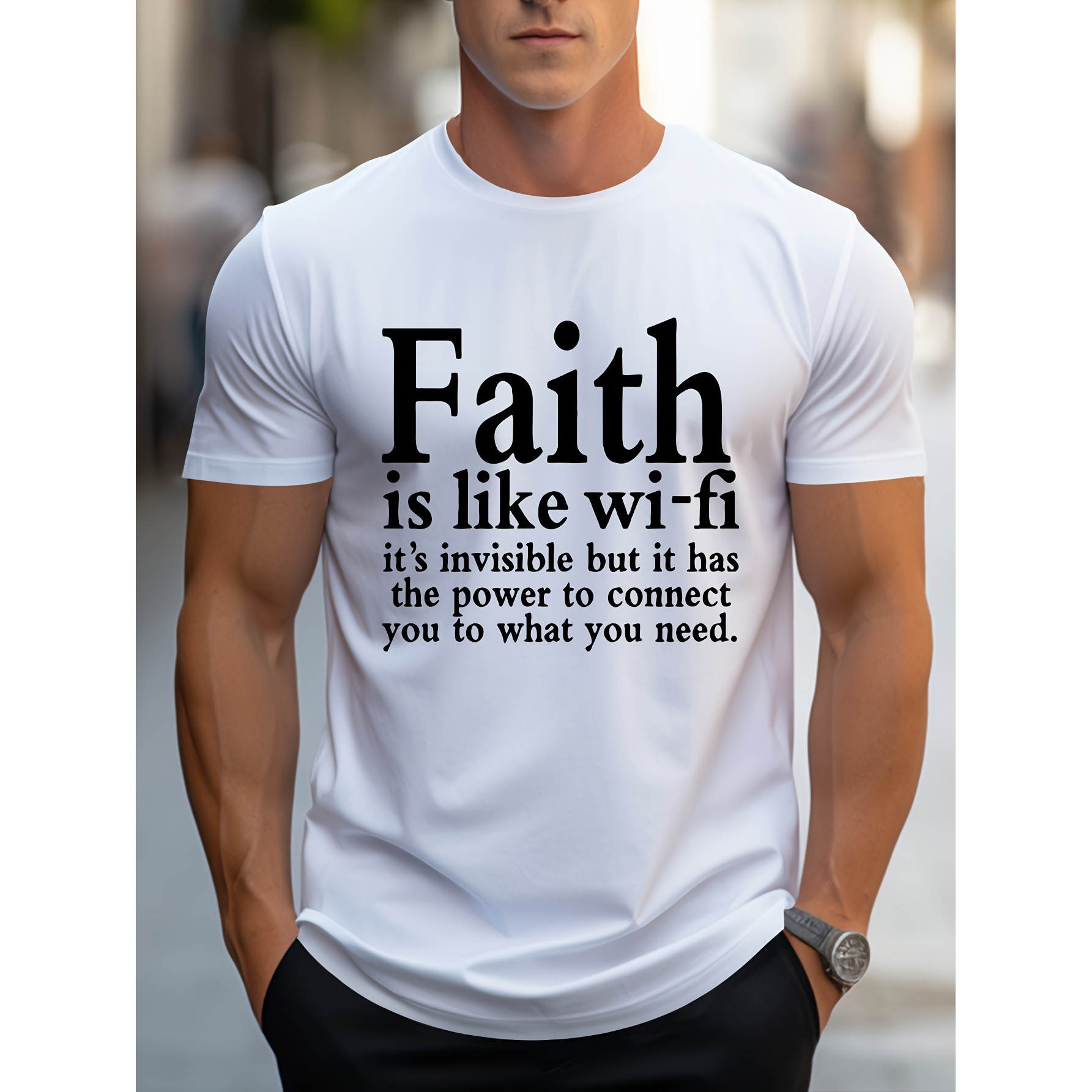 

Faith Is Like Wi Fi" Creative Print Casual Novelty T Shirt For Men, Short Sleeve Summer& Spring Top, Comfort Fit, Stylish Streetwear Crew Neck Tee For Daily Wear