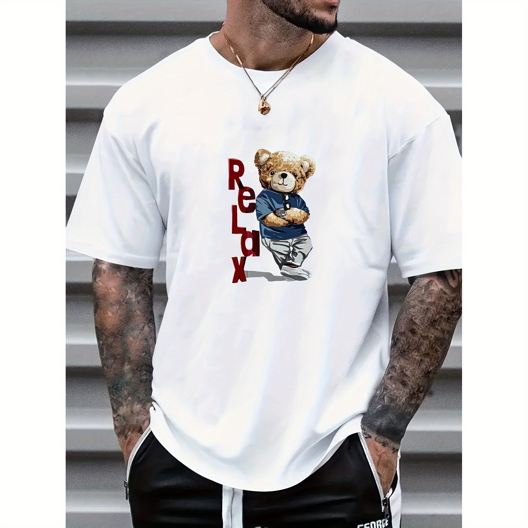 

Cute Bear Trendy Print Casual Short-sleeved T Shirt For Men, Spring And Summer Top, Comfortable Round Neck Tee, Regular Fit, Versatile Fashion For Everyday Wear
