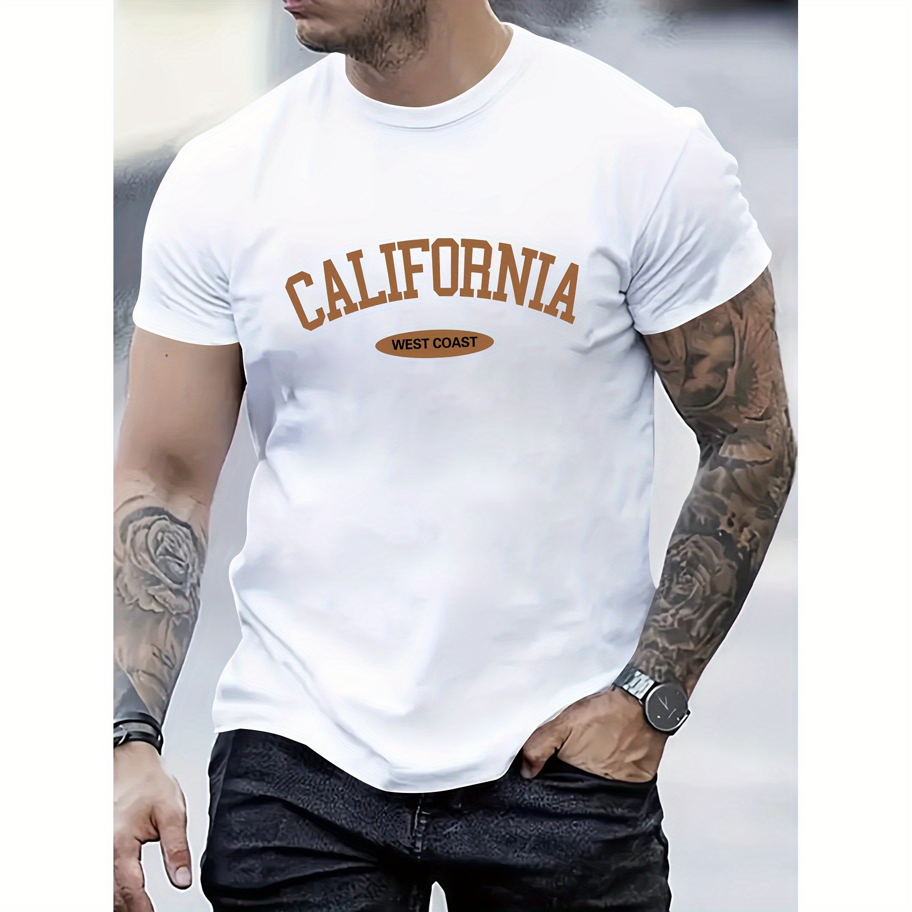 

California Letter Print, Men's Round Neck Short Sleeve Tshirt, Casual Comfy Lightweight Top For Summer