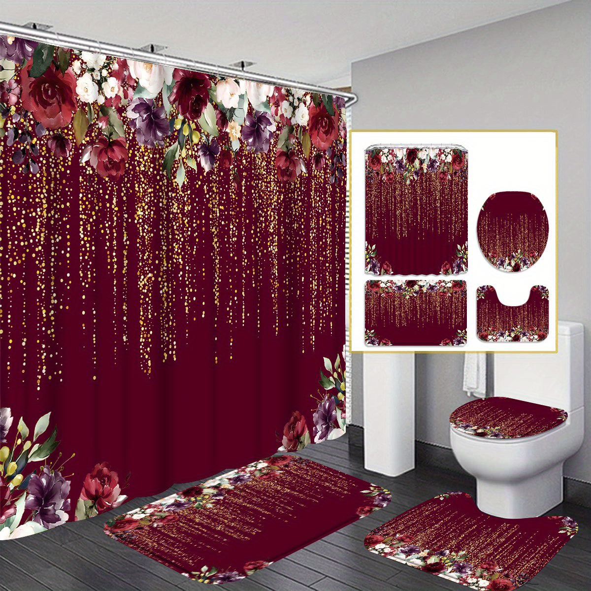 

1pcs/4pcs Festive Red Flowers Shower Curtain Gift Modern Home Bathroom Decoration Curtain And Toilet Floor Mat 3-piece Set With 12 Shower Curtain Hooks