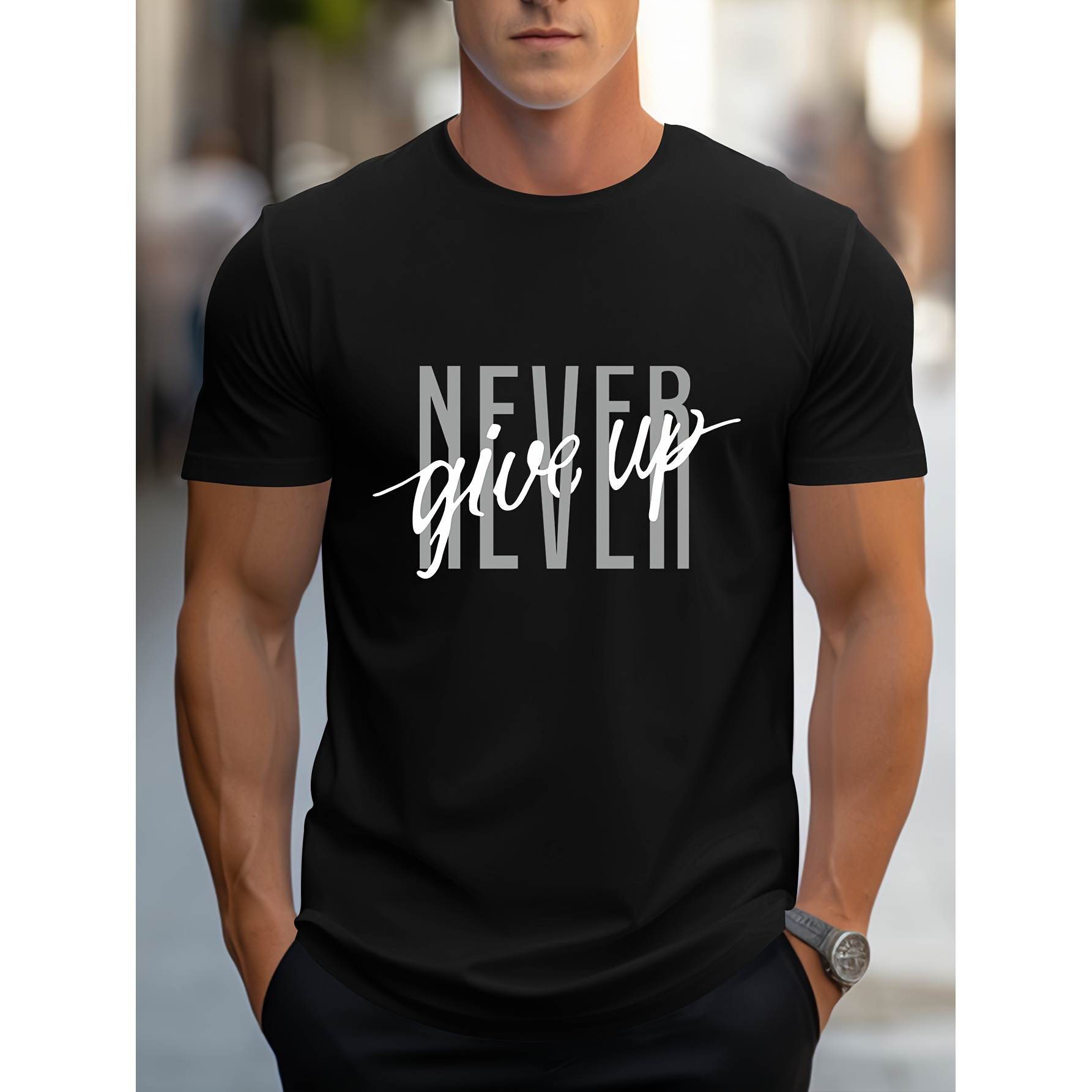 

Never Give Up Letter Print T Shirt, Stylish & Breathable Street , Simple Comfy Top, Casual Crew Neck Short Sleeve T Shirt For Summer