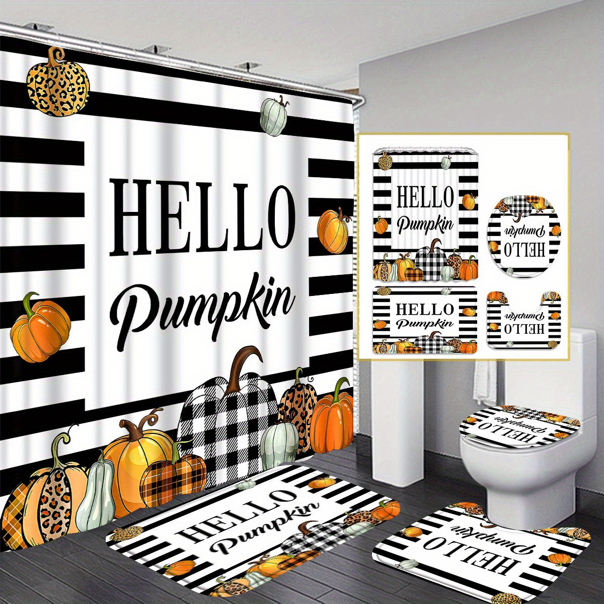 

1pcs/4pcs Halloween Pumpkin Stripes Shower Curtain Gift Modern Home Bathroom Decoration Curtain And Toilet Floor Mat 3-piece Set With 12 Shower Curtain Hooks