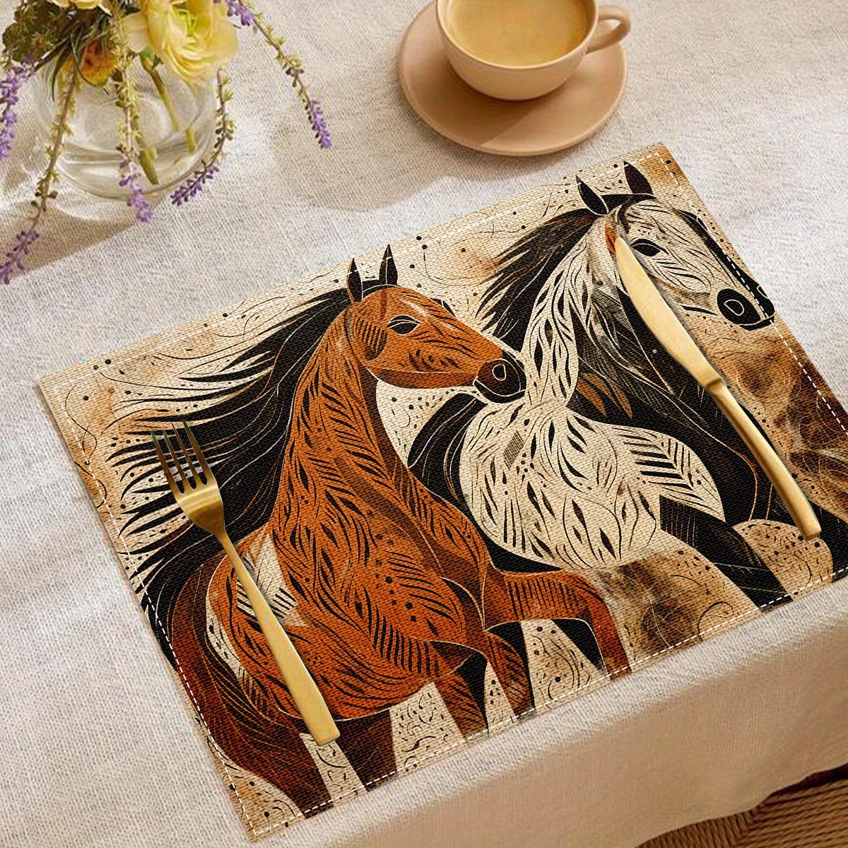 

Set Of 4 Linen Place Mats - Elegant Horse Design, Woven Square Table Mats, 100% Linen, Oil-resistant, Stylish Dining & Kitchen Decor, Hand Wash Only - Majestic Stallions Table Decoration