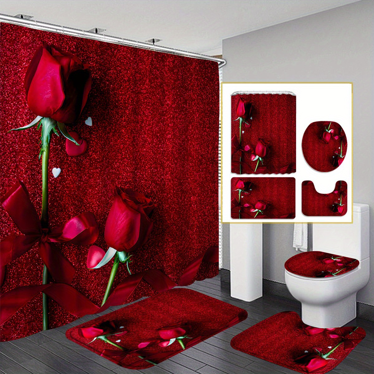 

1pcs/4pcs Red Rose Shower Curtain Gift Modern Home Bathroom Decoration Curtain And Toilet Floor Mat 3-piece Set With 12 Shower Curtain Hooks