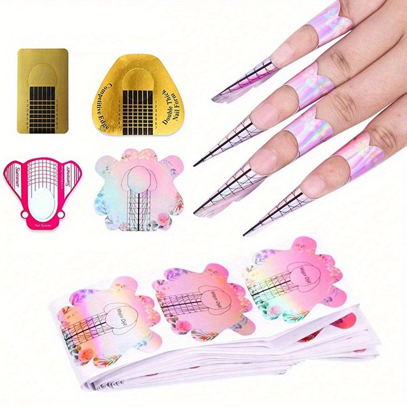 

100pcs Pink Laser Nail Extension Forms - Uv Gel Builder Tips For Acrylic & French Manicure, Odorless Stencil Stickers For Hands, Feet & Nails Care