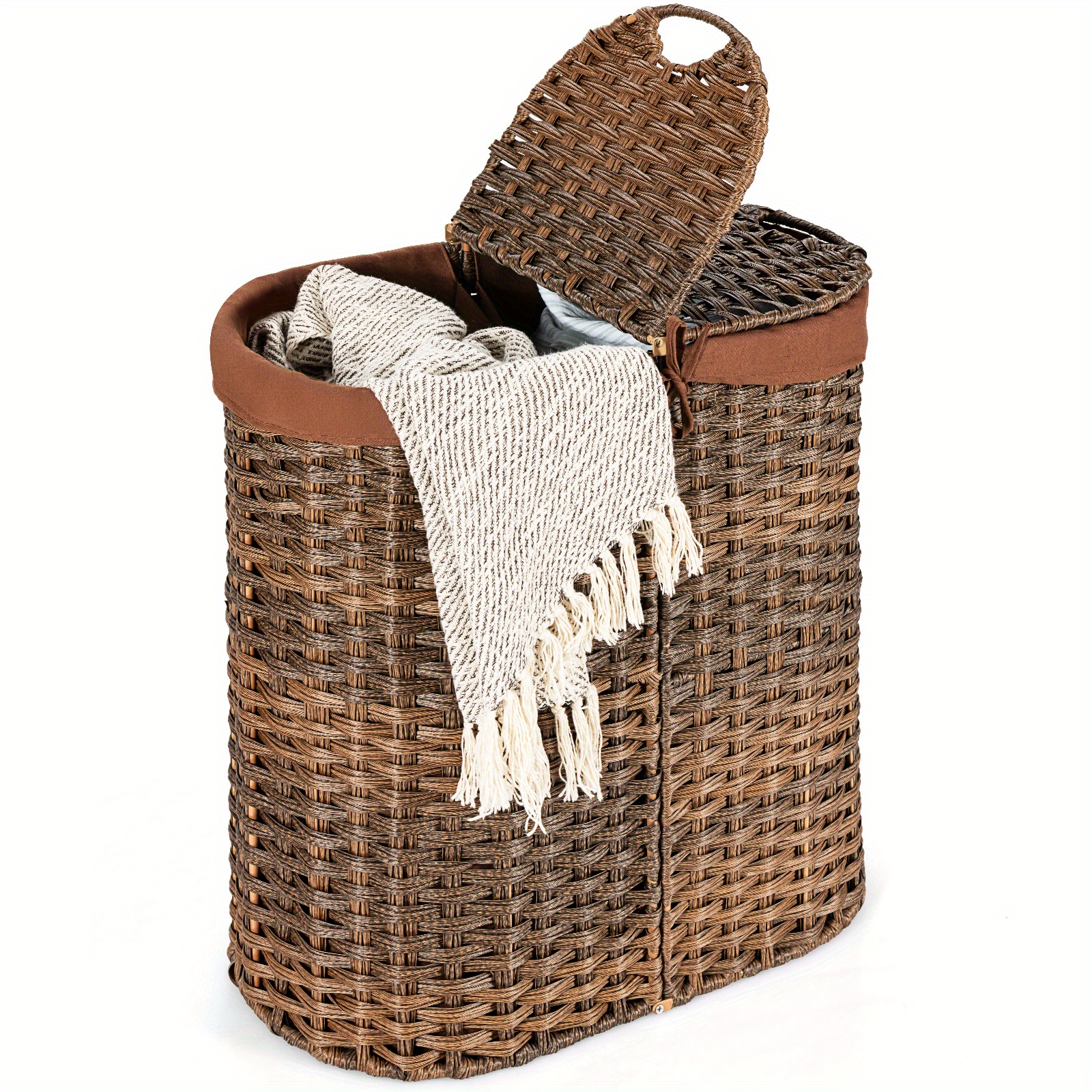 

Multigot Handwoven Laundry Hamper Laundry Basket W/2 Removable Liner Bags Brown