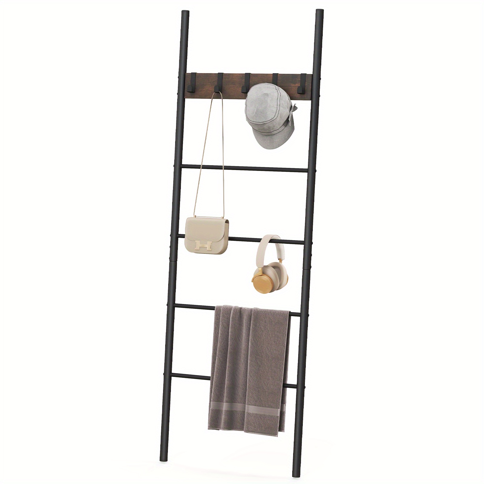 

Multigot 5-tier Ladder Shelf Wall Leaning Blanket Ladder W/5 Removable Hooks Rustic Brown