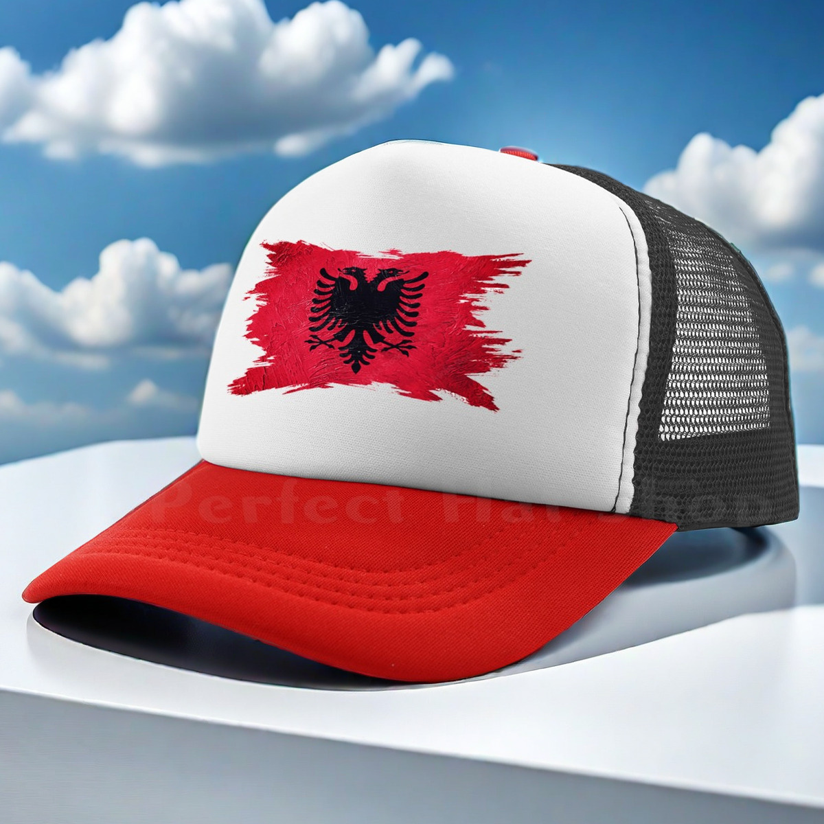 

Albanian-inspired Baseball Cap: Breathable, Adjustable, And Stylish With A Rich Red And Blue Color Scheme