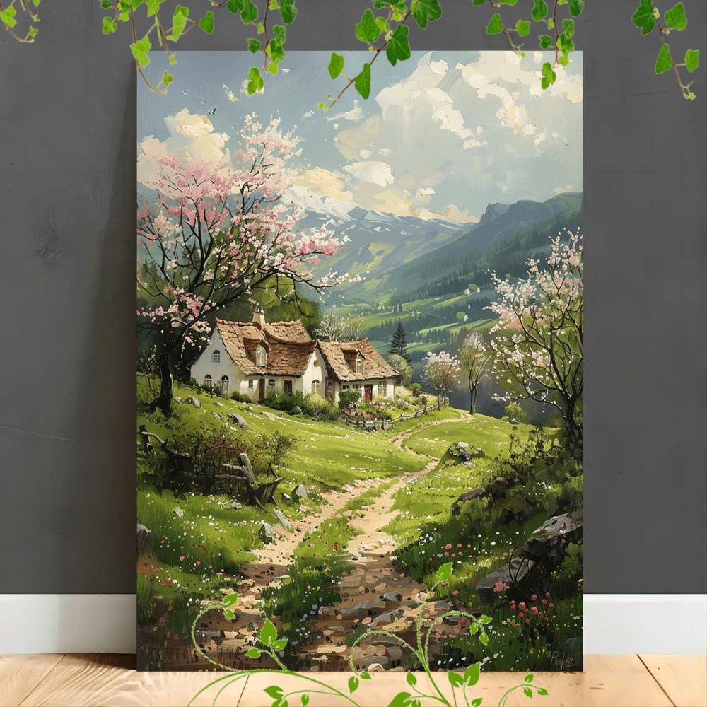 

1pc Wooden Framed Canvas Painting Suitable For Office Corridor Home Living Room Decoration Rural Path, White Cottages, Blooming Trees, , Mountains, Springtime, Serene Landscape