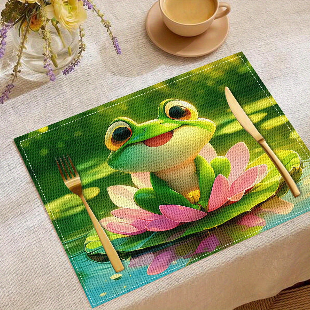 

4-piece Set Cute Cartoon Frog Linen Placemats - Oil & Stain Resistant, Square Table Mats For Dining & Decor