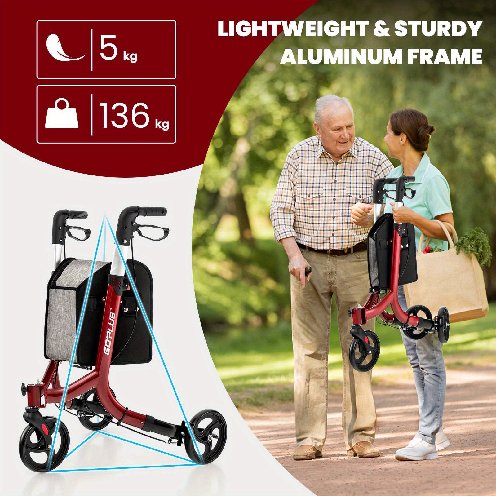 LIFEZEAL Aluminum Rollator Mobility Walker Adjustable Walking Frame Seniors w/Hand Brake & Storage Bag Red