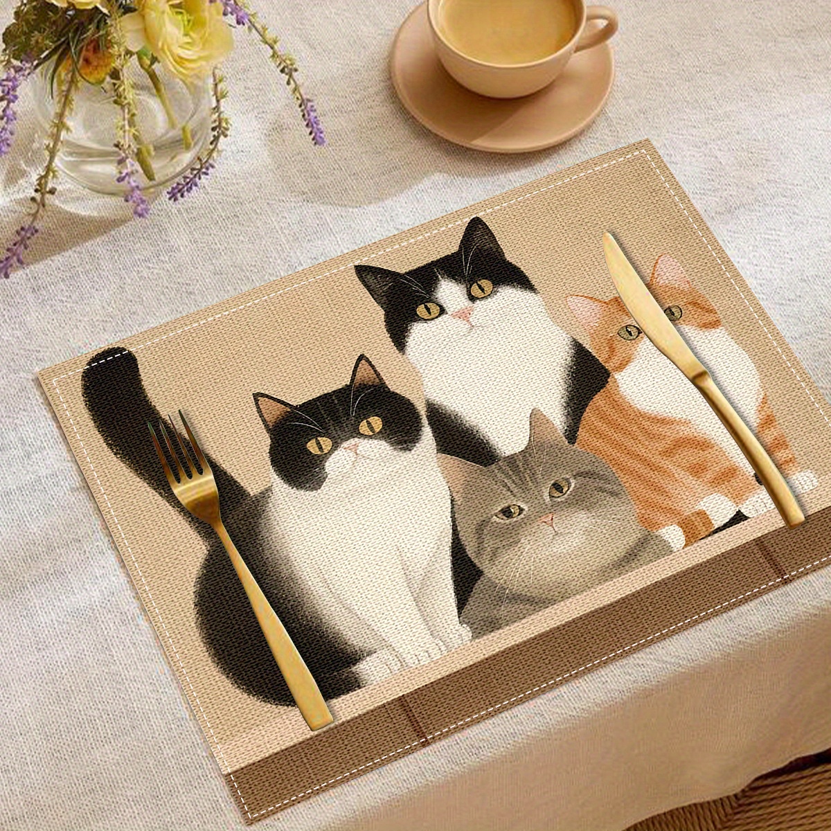 

4pcs Set Of Artistic Cat Placemats - Linen, Square, Hand Washable - Kitchen & Dining Decor