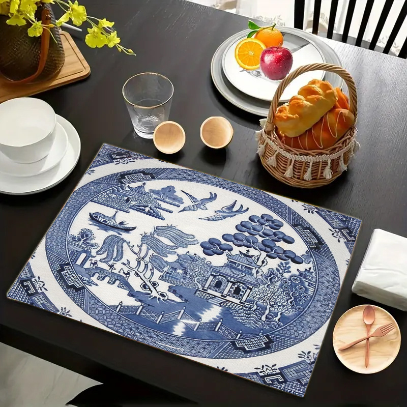 

4 Pieces Of Traditional Chinese Blue Pattern Printed Table Mats - Hand Wash Only, Linen Material, Rectangular Shape, Perfect For Home Kitchen And Dining Room Decor