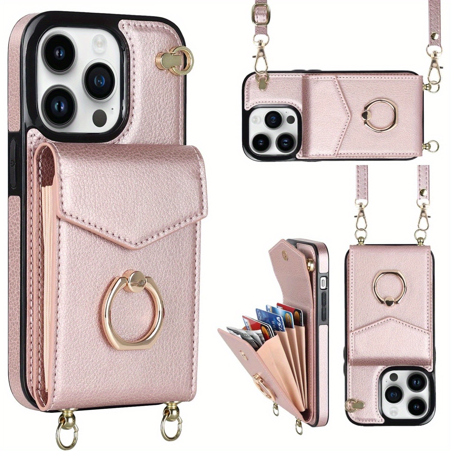 

For Iphone 15/15pro/15plus/15promax, Minimalist Wallet Case With Ring Kickstand And Shoulder Strap, Shockproof Stylish Protective Cover For Iphone