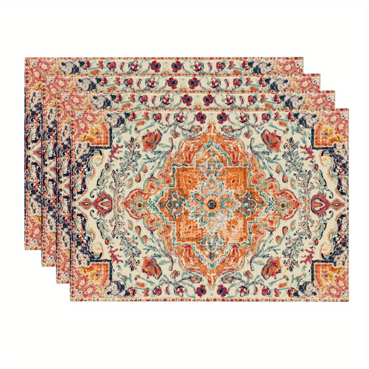 

Sm:)e 4pcs Boho Placemats Set Of 4, Daily Orange Teal Flowes Bohemia Table Mats For Home Party Dining Decoration 12x18 Inch