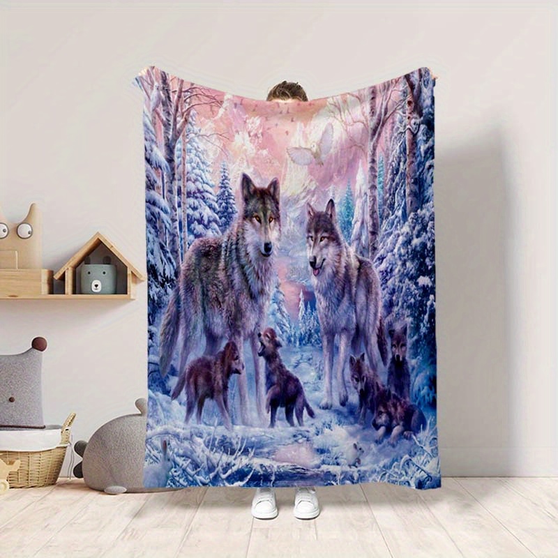 

Extra-large Polyester Snow Wolf Family Throw Blanket - Soft & Comfortable, Machine Washable, Versatile For Sofa, Bed, Picnic, And Casual Napping - 100% Polyester Wolf Scene Blanket