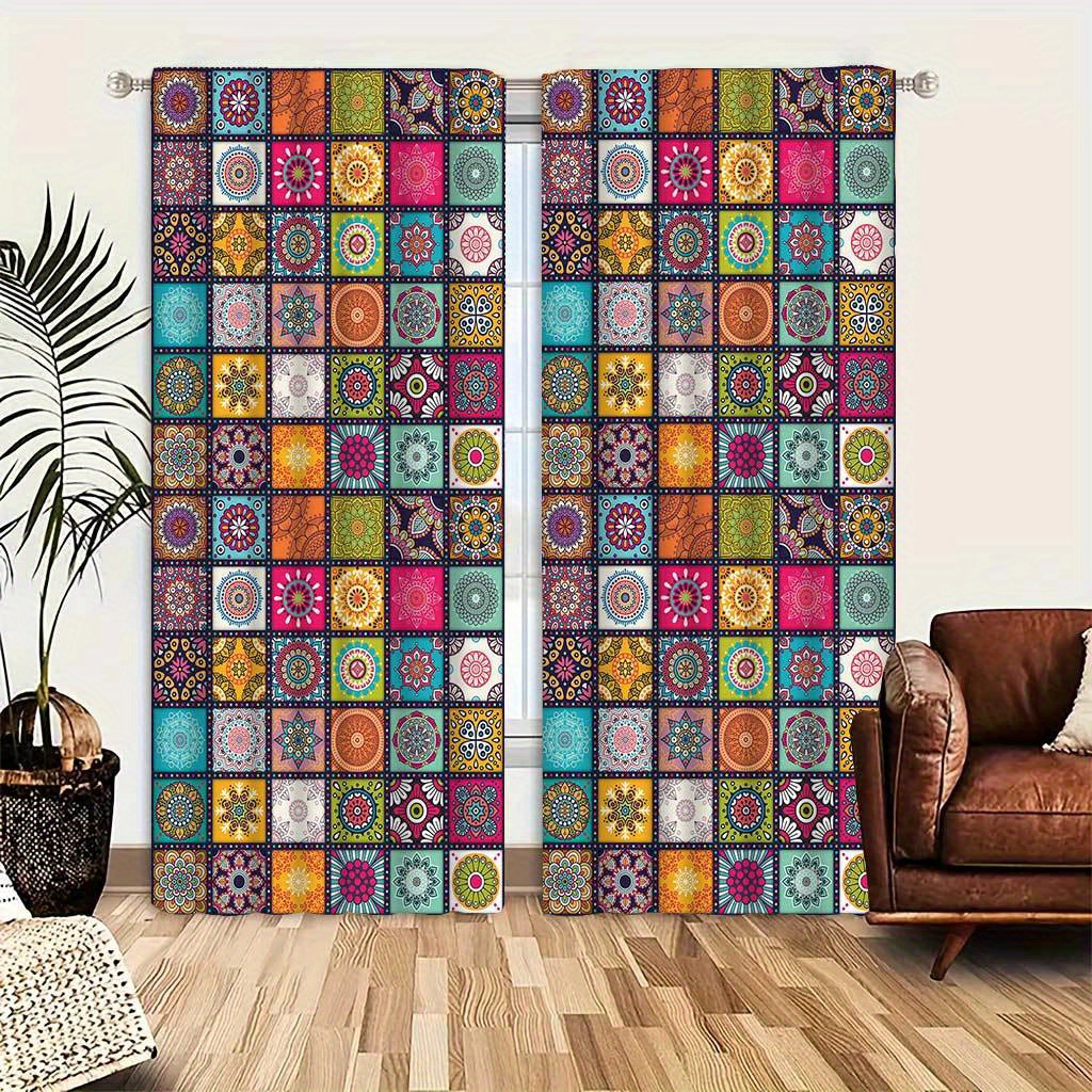 

Bohemian Vintage Style Rod Pocket Curtains For Living Room And Bedroom - Mandala Patchwork Print, Semi-sheer Polyester Jacquard Panels, Glam Room Decor, Machine Washable, Easy Hang, Durable - 2 Panels