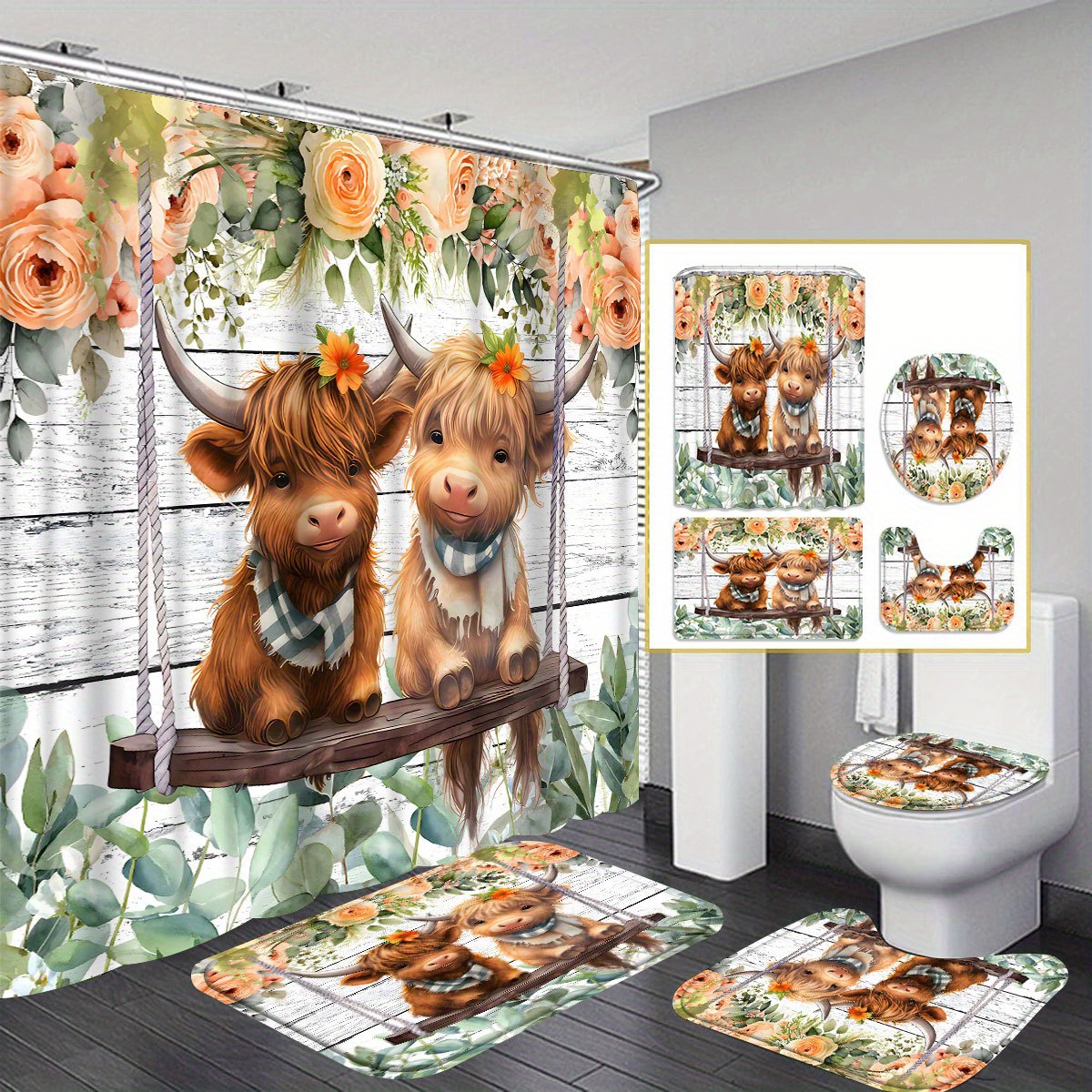 

1pcs/4pcs Wreath Calf Shower Curtain Gift Modern Home Bathroom Decoration Curtain And Toilet Floor Mat 3-piece Set With 12 Shower Curtain Hooks