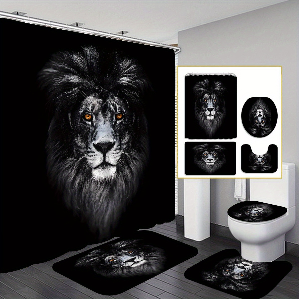 

1pcs/4pcs Black Lion Shower Curtain Gift Modern Home Bathroom Decoration Curtain And Toilet Floor Mat 3-piece Set With 12 Shower Curtain Hooks