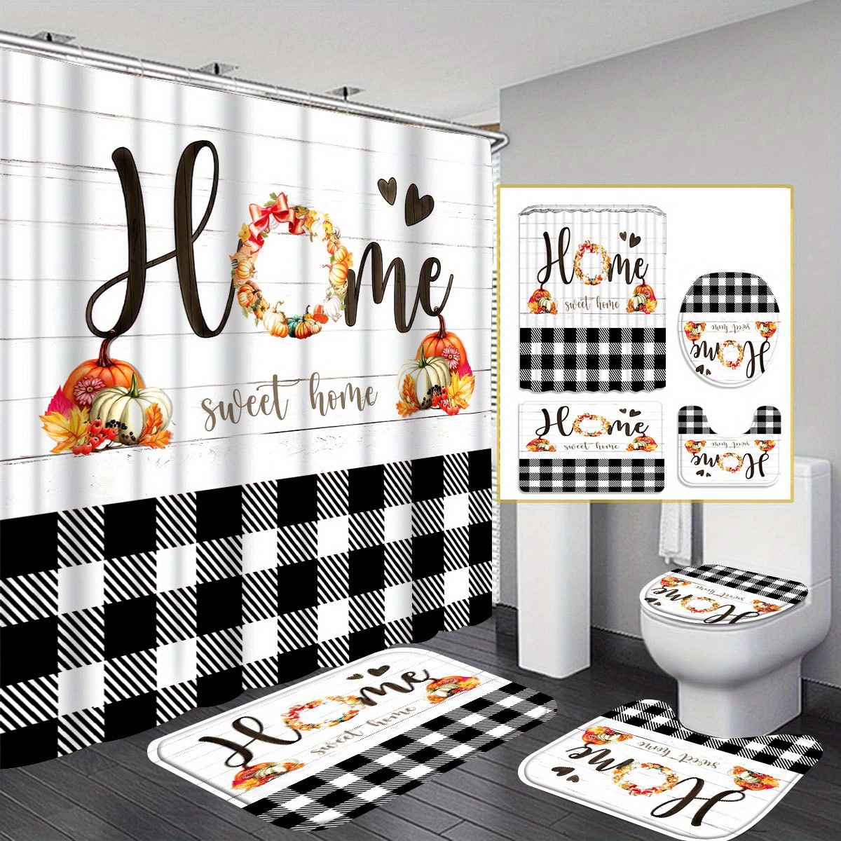 

1pcs/4pcs Hallowmas Pumpkin And Black And White Check Shower Curtain Gift Modern Home Bathroom Decoration Curtain And Toilet Floor Mat 3-piece Set With 12 Shower Curtain Hooks