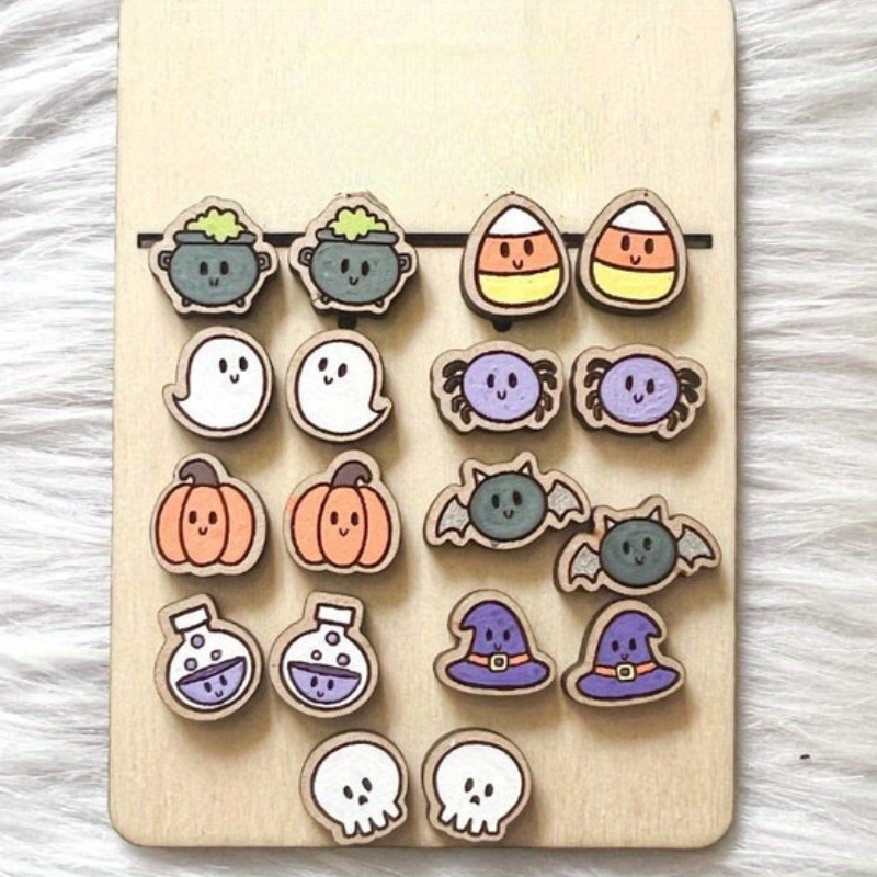 

9-pair Cute Kawaii Halloween Stud Earrings Set - Stainless Steel & Wood, Perfect For Parties & Celebrations Halloween Earrings Halloween Jewelry