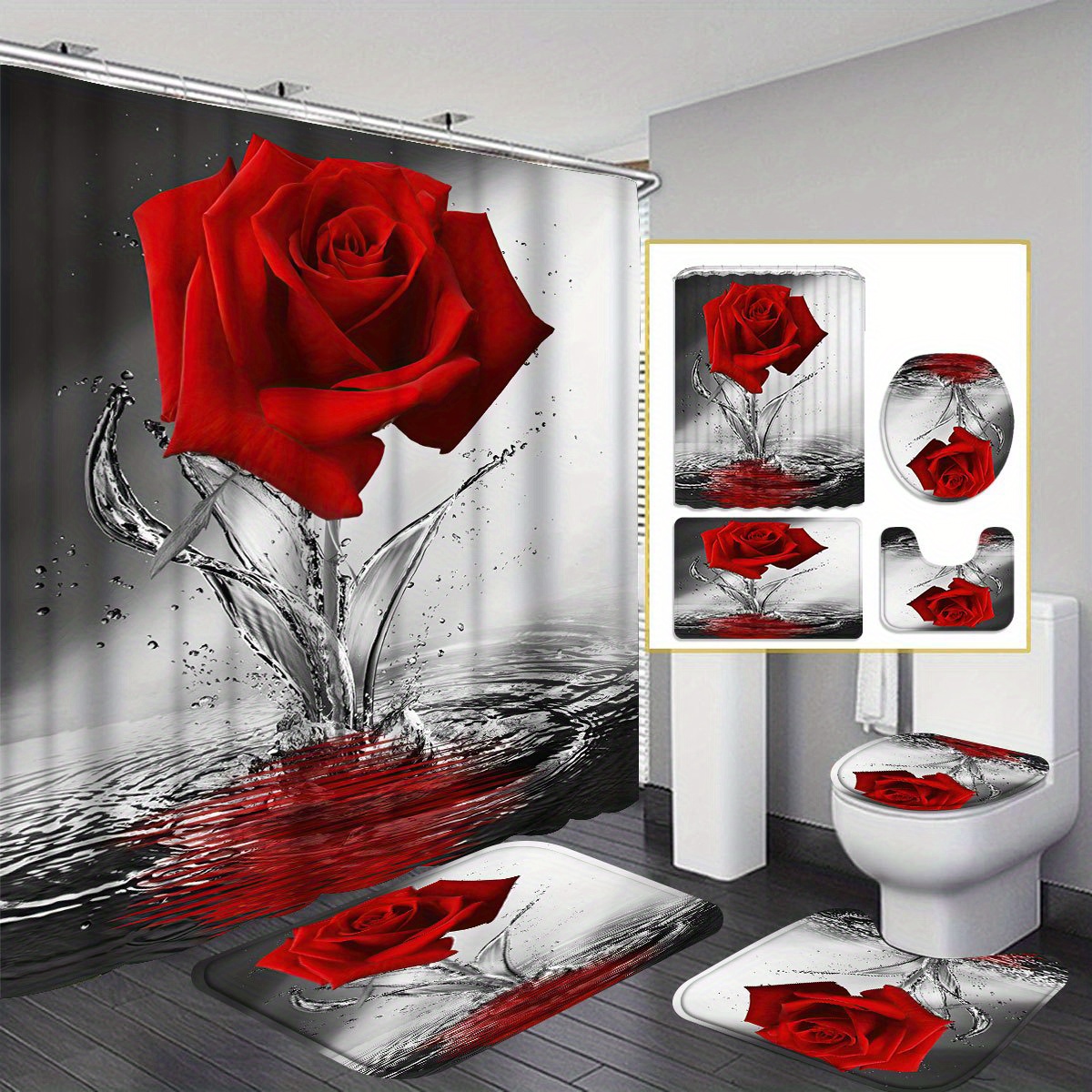 

1pcs/4pcs Roses And Water Shower Curtain Gift Modern Home Bathroom Decoration Curtain And Toilet Floor Mat 3-piece Set With 12 Shower Curtain Hooks