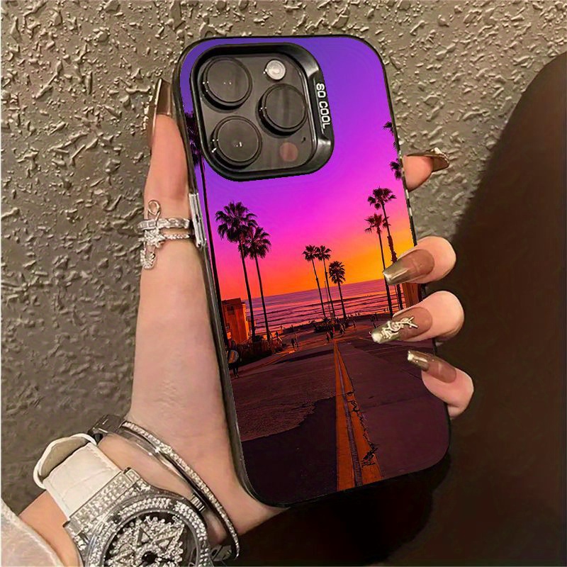 

Reflective Sunset Palm Tree Design Tpu Case For Iphone Series - Shockproof Slim Fit Hard Cover With Trendy Aesthetic For Iphone 15 Pro Max, 15, 14, 13, 12 Pro Max, Xr, Xs Max