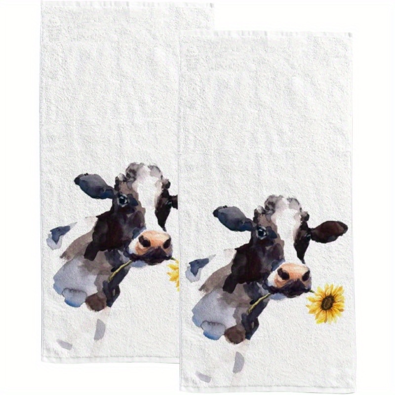 

2pcs Cow & Sunflower Hand Towels - , Absorbent Polyester, Kitchen & Bathroom Use, 18x26 Inches, Machine Washable