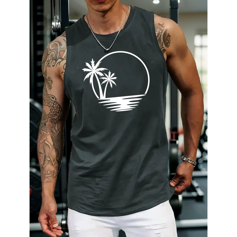 

Beach Coconut Palm Print Men's Crew Neck Sleeveless T-shirt, Hiking Tank Top, Casual Comfy Breathable Top For Summer, Outdoor Sports