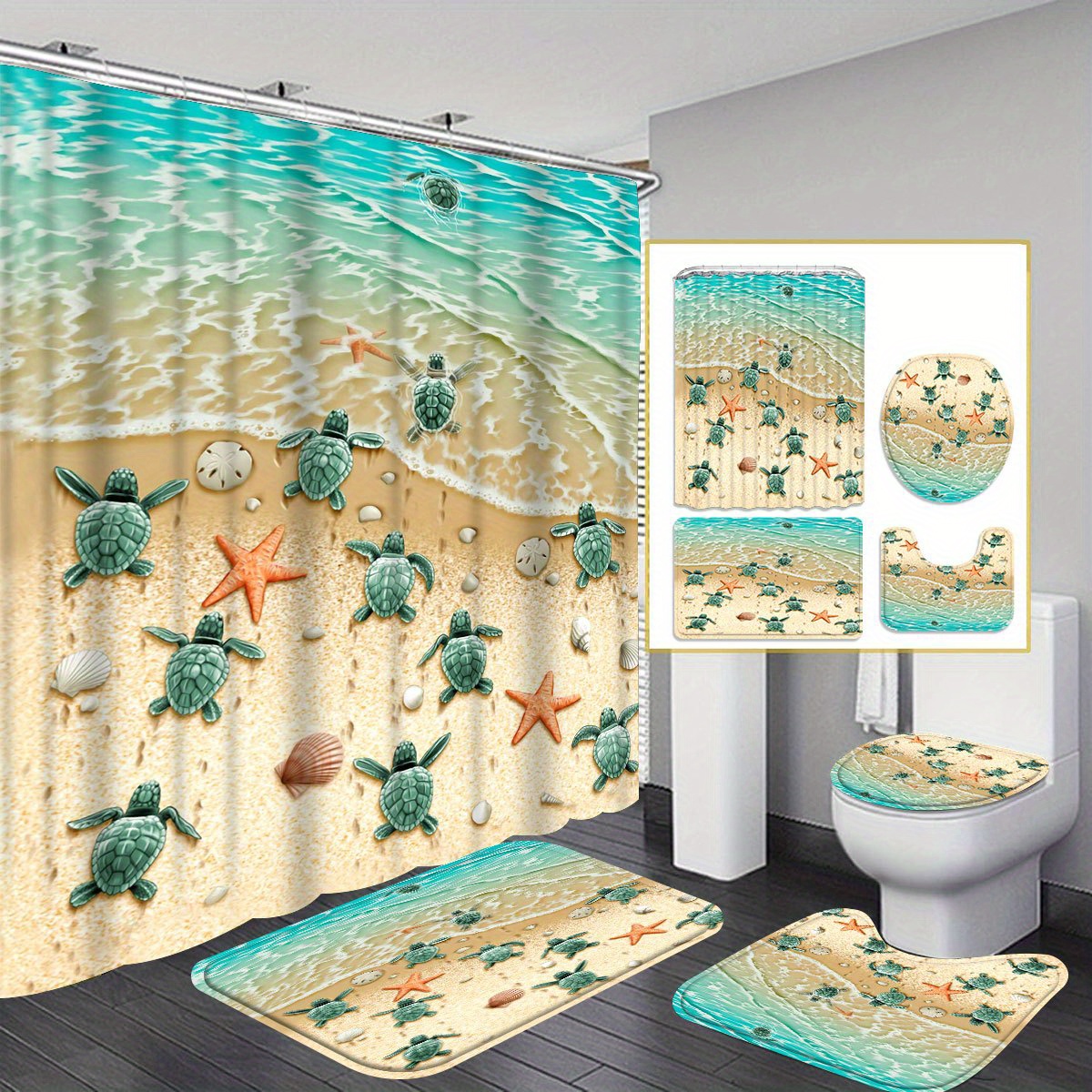 

1pcs/4pcs Sea Turtle Shower Curtain Gift Modern Home Bathroom Decoration Curtain And Toilet Floor Mat 3-piece Set With 12 Shower Curtain Hooks