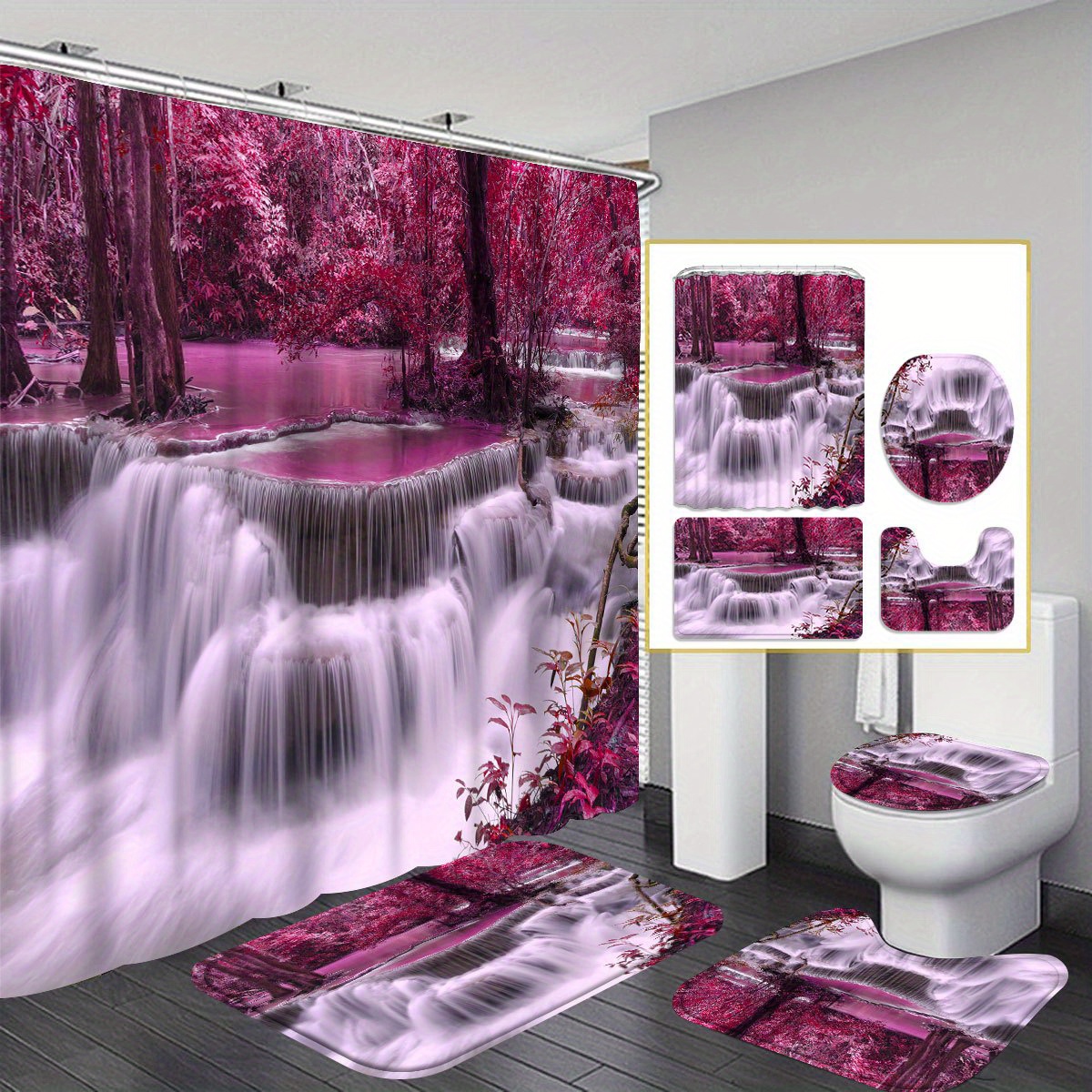 

1pcs/4pcs Purple Forests And Waterfalls Shower Curtain Gift Modern Home Bathroom Decoration Curtain And Toilet Floor Mat 3-piece Set With 12 Shower Curtain Hooks