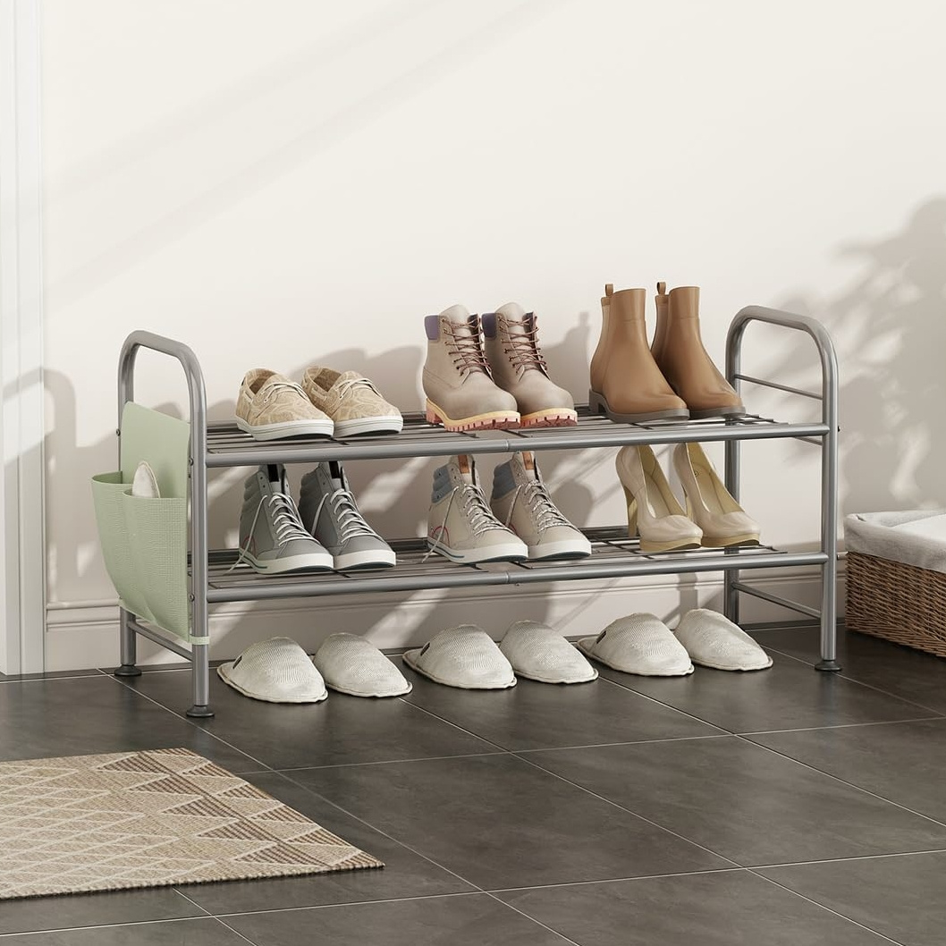 

Shoe Rack 2 Tier Grey Wide Metal Storage Organizer Shelf With Removable Side Pockets For Closet, Entryway, Garage, Bedroom