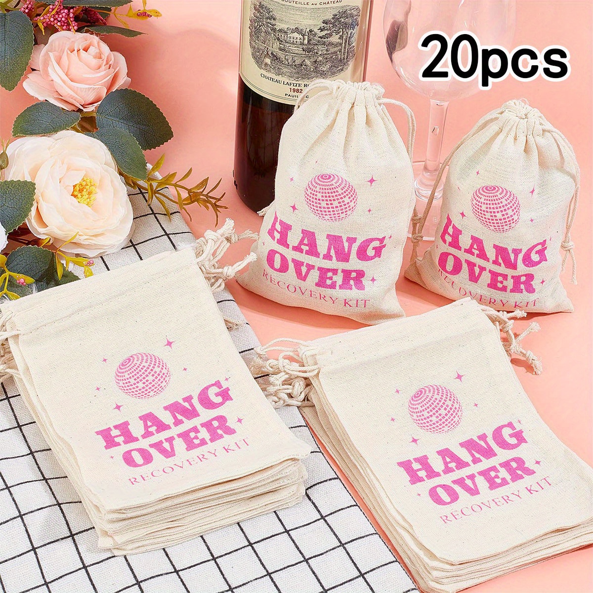Image of 20pcs Hangover Recovery Kit Drawstring Bags - Linen Party Favor Pouches For Weddings, Birthdays, Celebration Gifts - Giraffe-themed Rainbow Pattern Accessory Bag,halloween