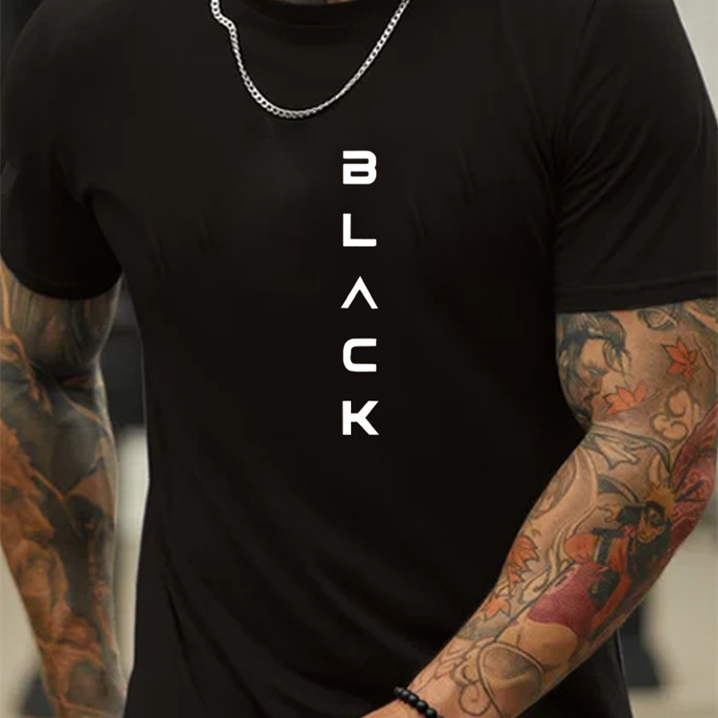 

Black Simple Lettering Print, Men's Round Neck Short Sleeve T-shirt, Casual Comfy Fit Top For Summer