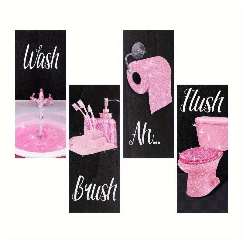 

4pcs Pink Wooden Bathroom Sign Set - Wash, Brush, Flush With Double-sided Tape For Easy Wall Mounting - Decor For Home, Bar, Cafe, And Outdoor