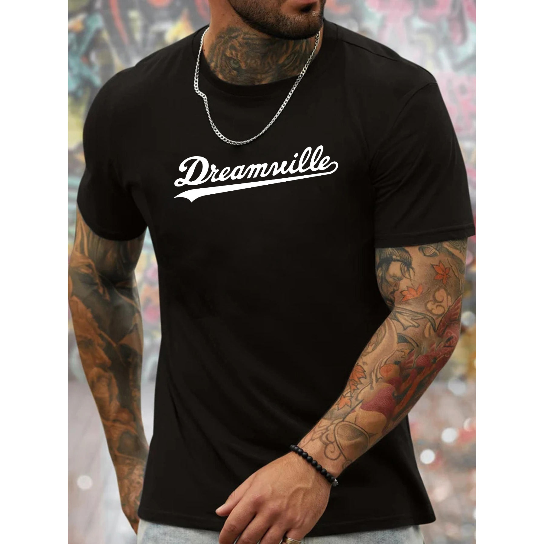 

Dreamville, Print, Men's Round Crew Neck Short Sleeve Tee, Casual T-shirt, Casual Comfy Lightweight Top For Summer