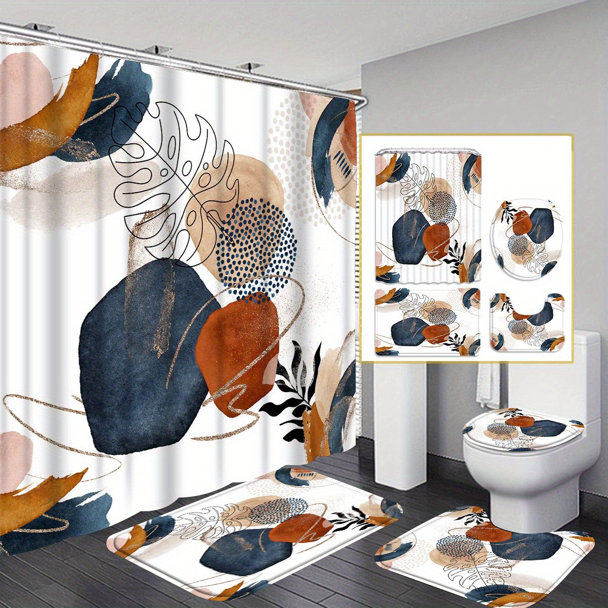 

1pcs/4pcs Leaf Lines And Patterns Shower Curtain Gift Modern Home Bathroom Decoration Curtain And Toilet Floor Mat 3-piece Set With 12 Shower Curtain Hooks