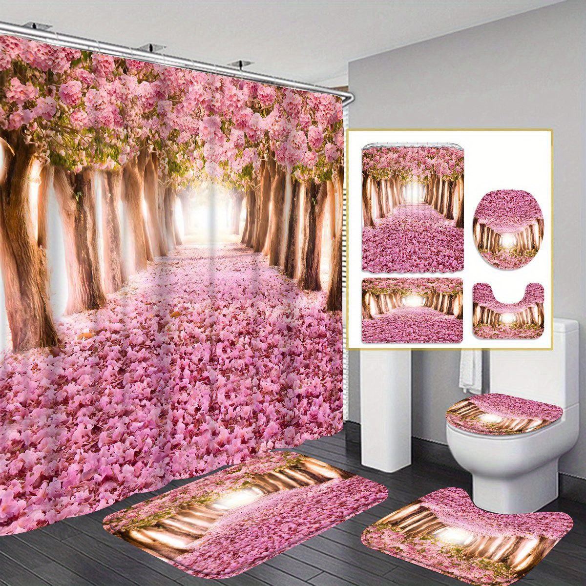 

1pcs/4pcs Romantic Road Shower Curtain Gift Modern Home Bathroom Decoration Curtain And Toilet Floor Mat 3-piece Set With 12 Shower Curtain Hooks