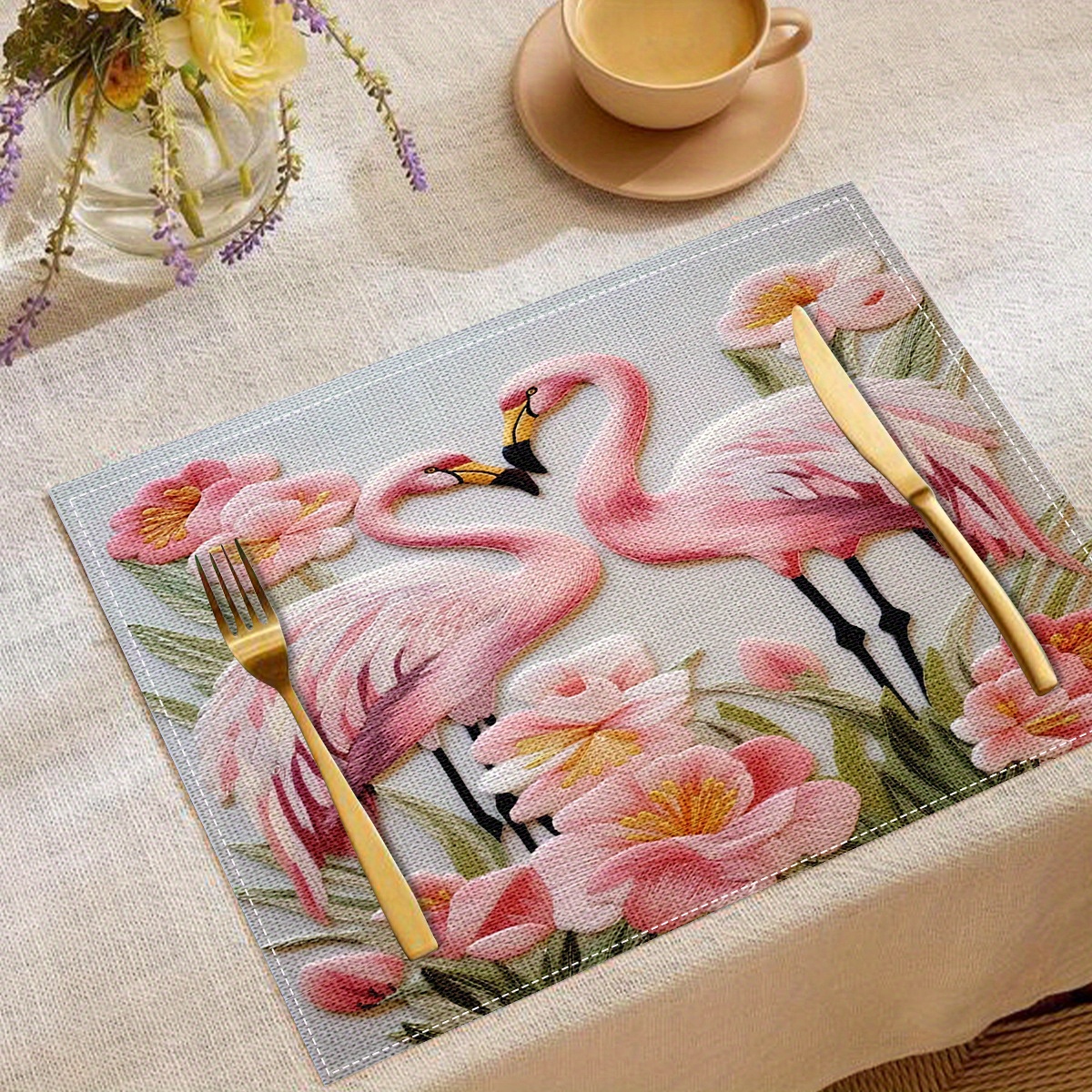 

4pcs Luxury Flamingo Pattern Table Mats - 100% Linen Woven Square Placemats, Modern Simplistic Design, Heat-resistant Dining Mats For Home And Restaurant Use, Machine Washable