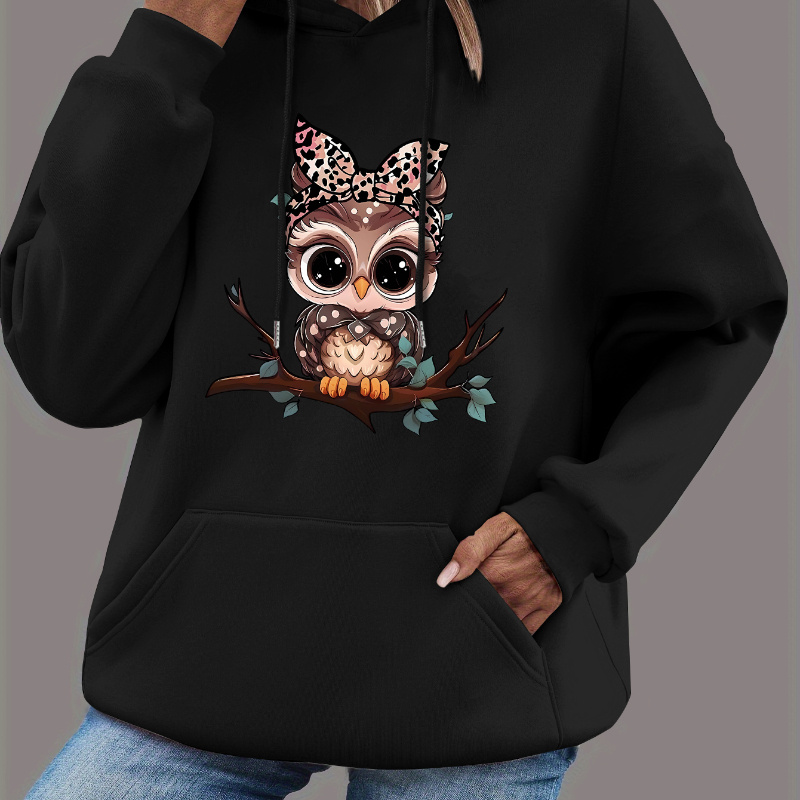 

Cute Owl Print Kangaroo Pocket Hoodie, Casual Long Sleeve Drawstring Hooded Sweatshirt, Women's Clothing