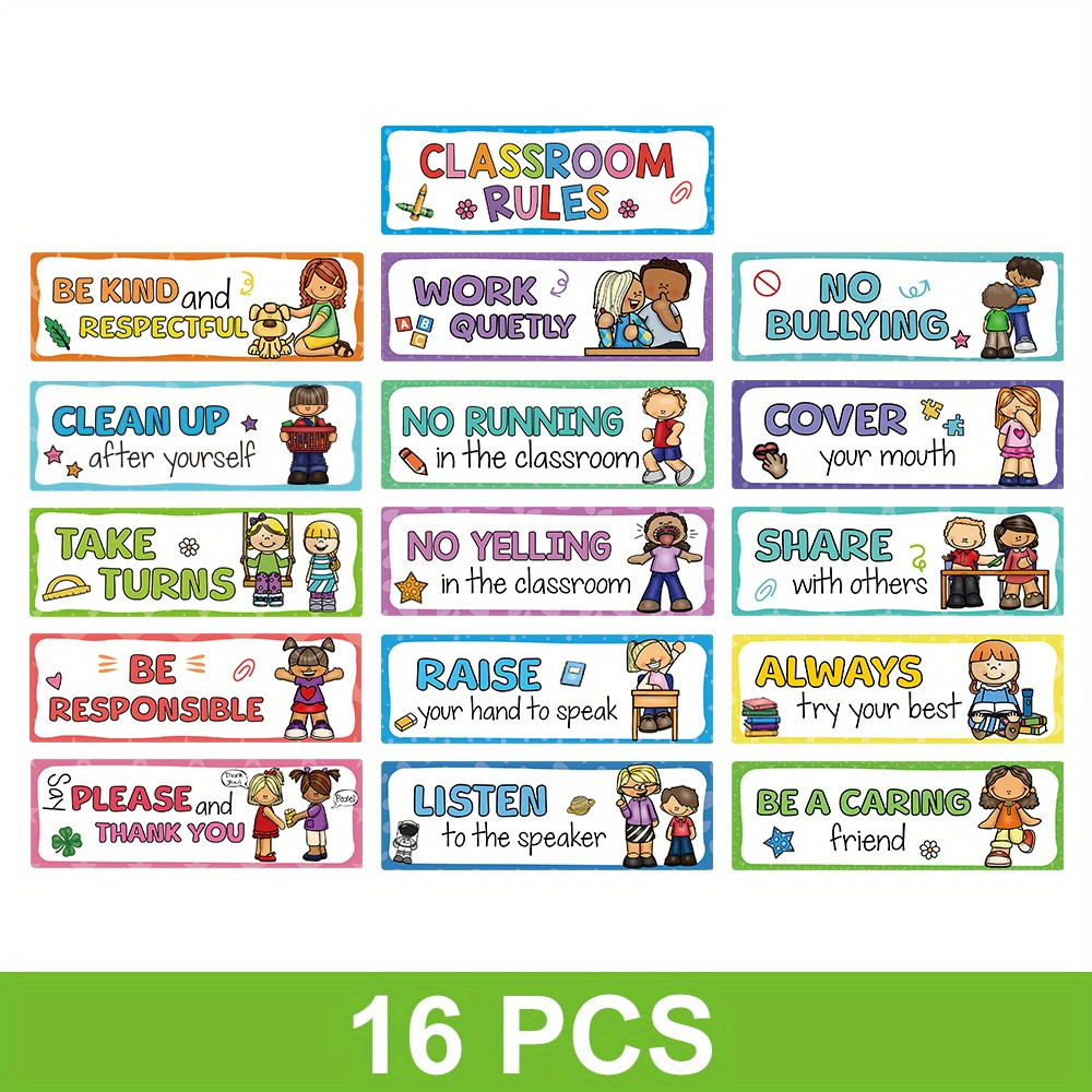 Image of Print Painting, 16pcs Classroom Rules Posters Classroom Bulletin Board Decorations Set Good Habits Chart For Kindergarten Preschool School Banner Rules Signs For , Perfect For Room Decor