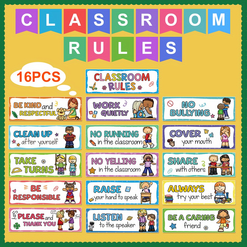 

16-piece Classroom Rules Poster Set - Good Habits Chart & Bulletin Board Decor For Preschool, Elementary School Centers - Frameless Daily Office Supplies By Lachilly