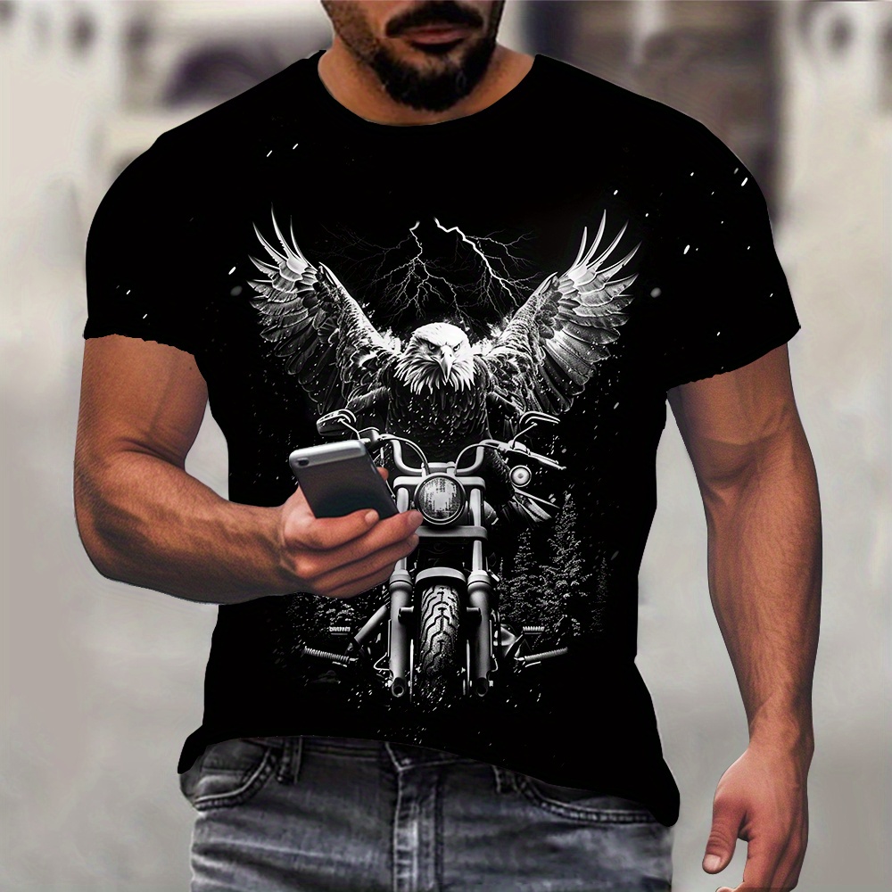 

Retro Style Men's 3d Digital Eagle Motorcycle Rider And Lightning Pattern T-shirt, Crew Neck And Short Sleeve Tee, Novel And Trendy Tops For Summer Outdoors Activities