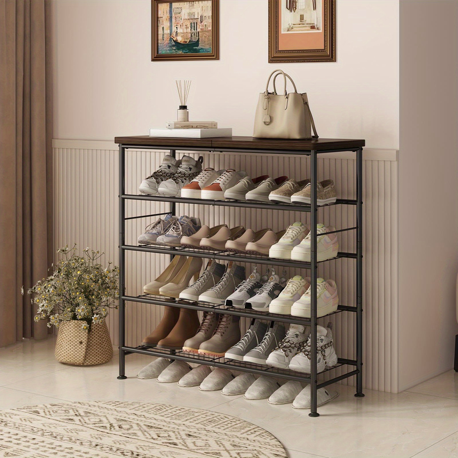 

Shoe Rack Organizer 5 Tier For Closet Entryway Free Standing Metal Storage Shoe Shelf With Mdf Top Board