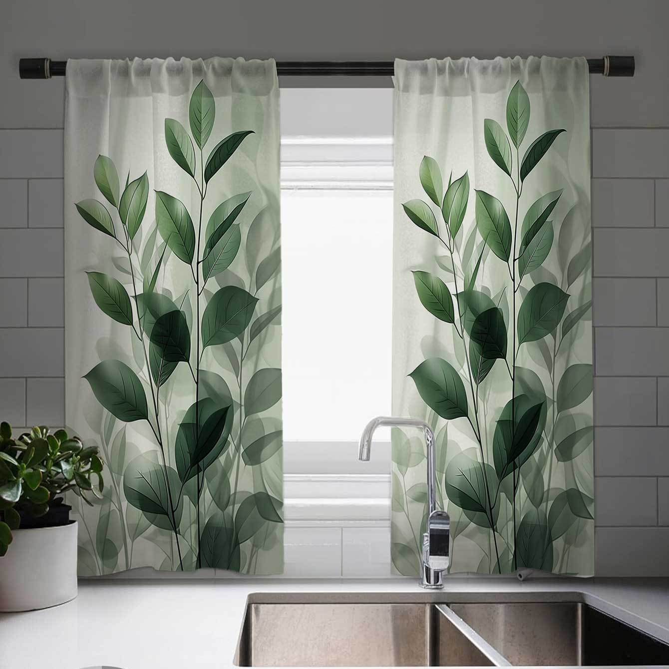 

1 Elegant Curtain And 2 Cafe Curtains - Plant Branch And Leaf Print Curtain, European Tableware Design - Vintage Style Window Decoration, For Kitchen, Farmhouse, Living Room And Bedroom Decoration