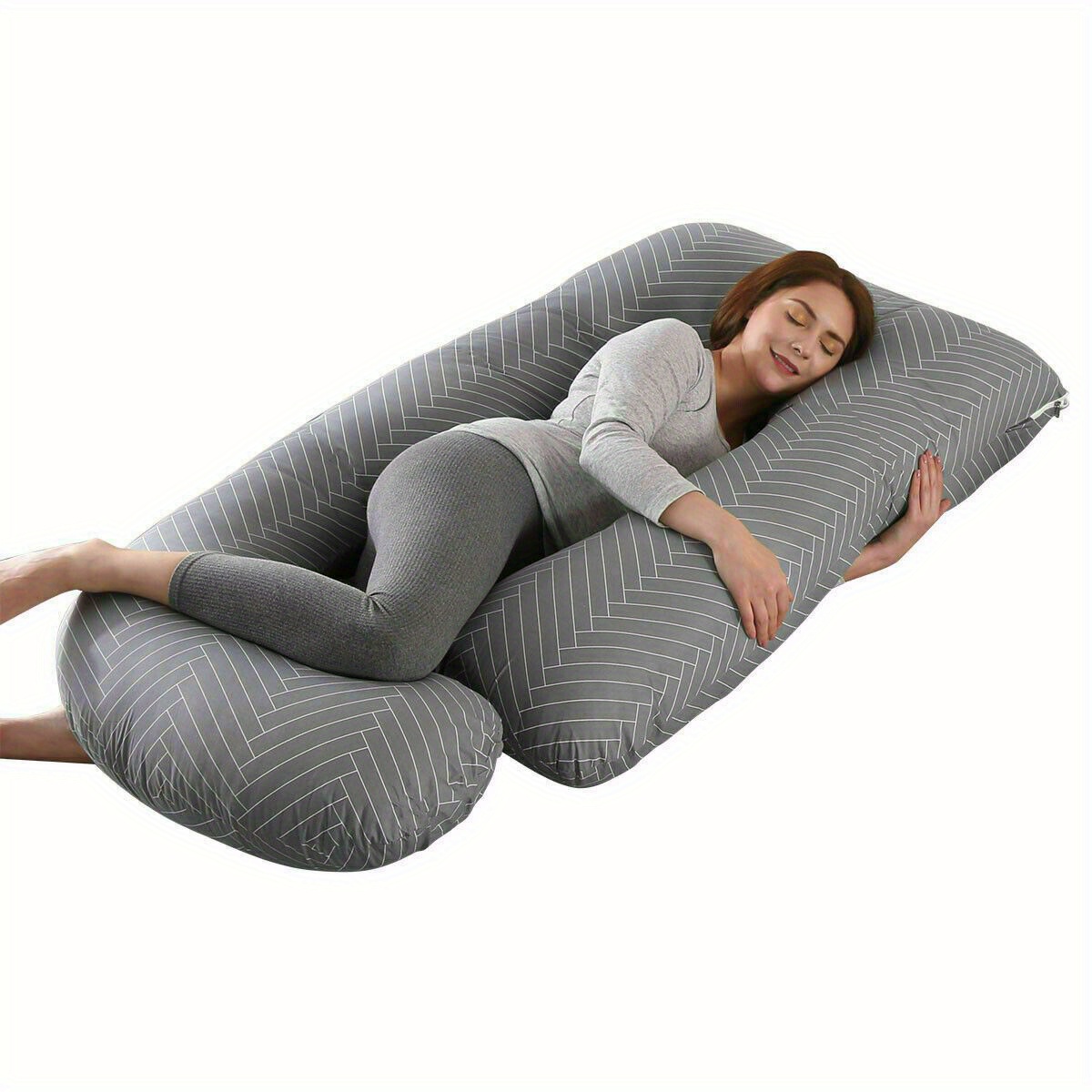 E-shop J-förmiges Schwangerschaftskissen mit hoher Rückstellkraft 70 x 145 cm - Lenden- und Bauchstütze, gestreift, ultrakomfortabel für einen