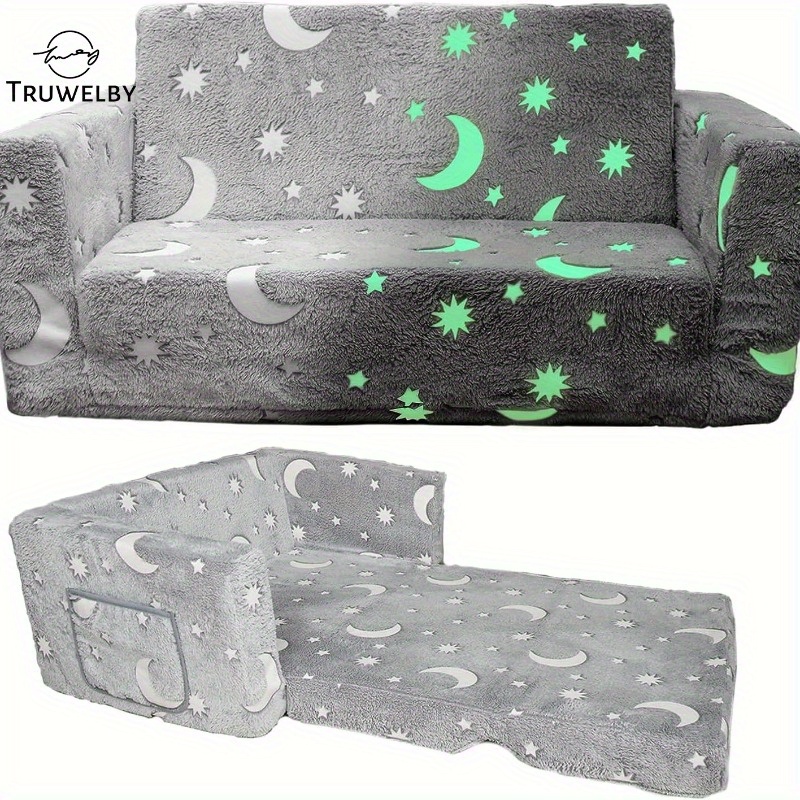 

Kids Fold-out Sofa Bed, Truwelby Glow-in-the-dark 2-in-1 Flip Open Couch, Polyester Fleece Cover, With Side Pockets, For Playroom And Bedroom, 30x24x17 Inches - Grey Stars & Moons Design