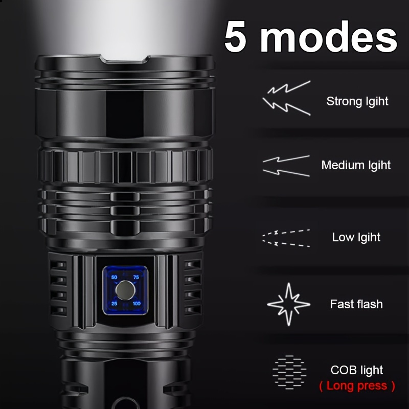 

Flashlight, 1pc Most Powerful Led Flashlight With Cob Light, Display, Built-in Large Lithium Battery, , Necessary For Outdoor, Camping And Fishing